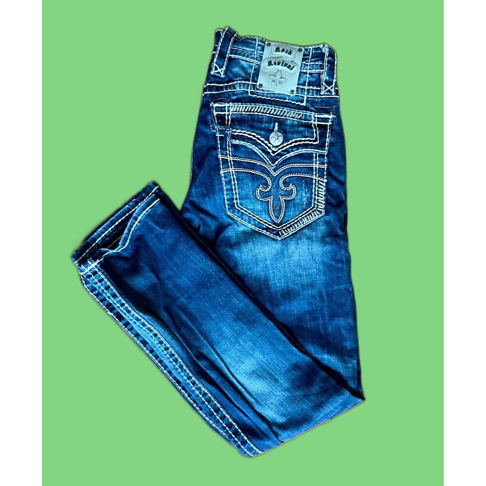 Rock Revival Jeans Ronnie Slim Straight Denim Pants Size 31x32 Flashy Embroidery